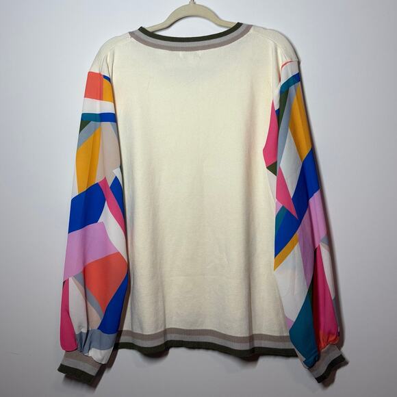 Fate Sweater Women 3XL Cream Plus Size Patterned Sleeves Crew Neck Ribbed Office - Picture 2 of 8